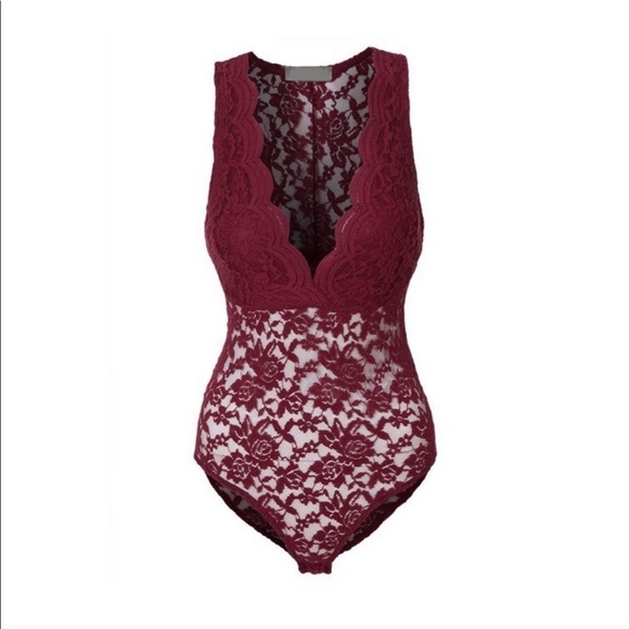 BURGUNDY LACE PLUNGE BODYSUIT - Picture 4 of 6